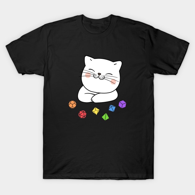 Rainbow Dungeon Meowster Kitten with Polyhedral Dice Set T-Shirt by dungeonarmory